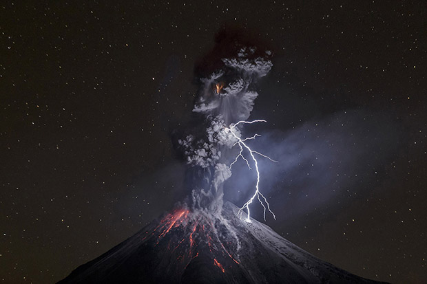 Colima volcano explosion and lightning
