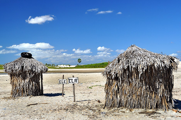 Two toilets made of palm tree leaves, Brazil