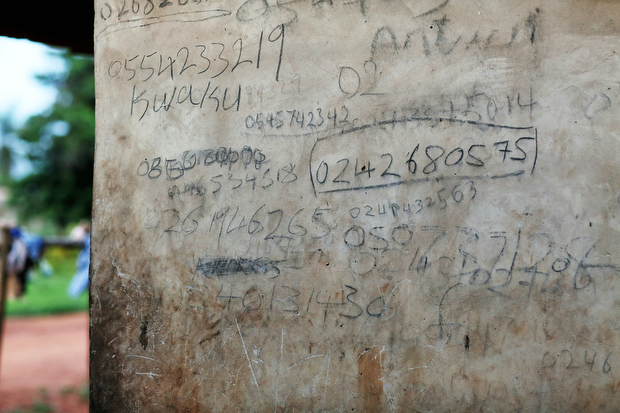 Phone numbers written on the walls of Patience's home.