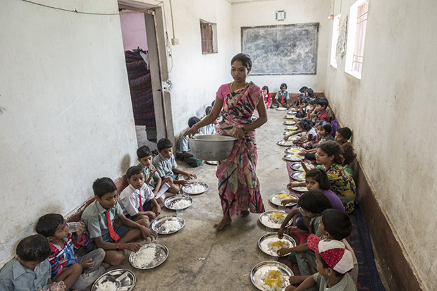 Lunchtime at a small home and school for deaf and blind children, India